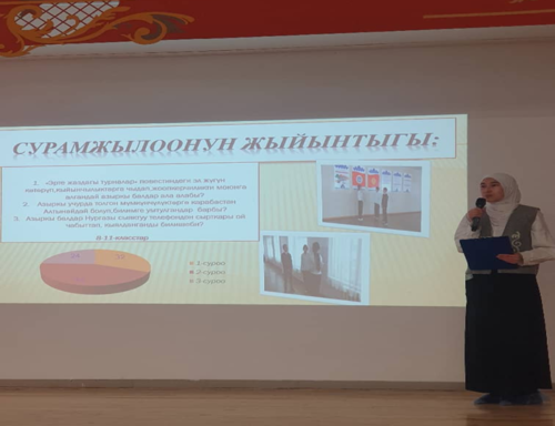 №75 мектеп “Кыргыз Республикасынын Мамлекеттик тили жөнүндө Мыйзамынын кабыл алгандыгынын 35 жылдыгына карата үч айлыгынын алкагында жана Ч.Айтматовдун 100 жылдыгына даярдык көрүү максатында “Айтматов ааламы” аттуу изилдөө-долбоор кароо-сынагынын жыйынтыктоочу иш-чарасынын отчету